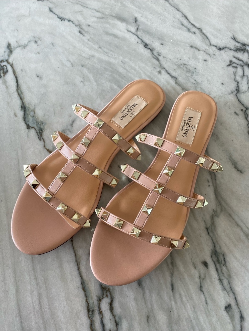 Rockstud Nude Pink Triple-Strap Slide Sandals